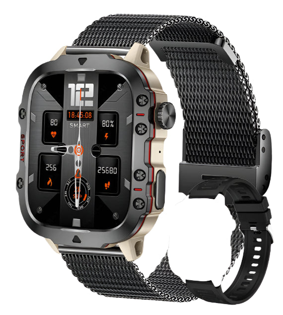 Rugged Military Smartwatch – Large Display, AI Voice, and Bluetooth Calling