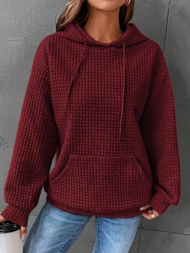 Women’s Oversized Waffle Sweatshirt with Drawstring Hood – Comfort Meets Style