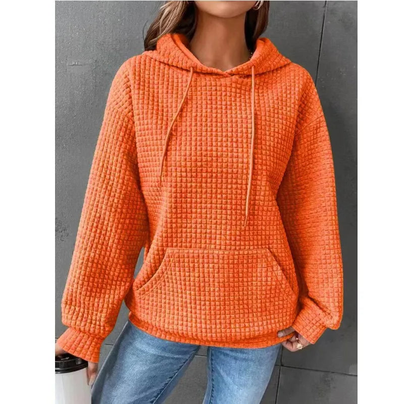 Women’s Oversized Waffle Sweatshirt with Drawstring Hood – Comfort Meets Style