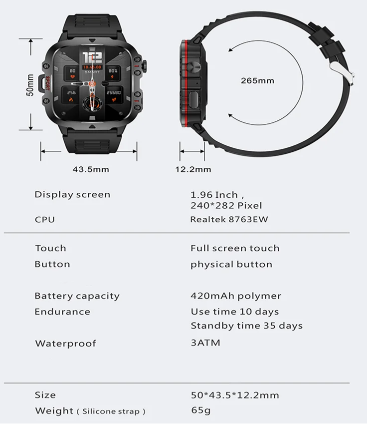 Rugged Military Smartwatch – Large Display, AI Voice, and Bluetooth Calling