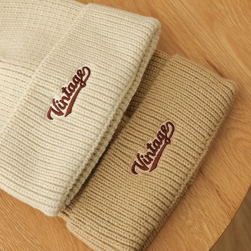 Winter Embroidery Knitted Cap – Cozy & Versatile Wool Beanie with Ear Protection