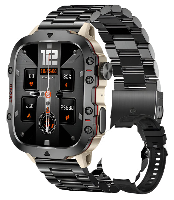 Rugged Military Smartwatch – Large Display, AI Voice, and Bluetooth Calling